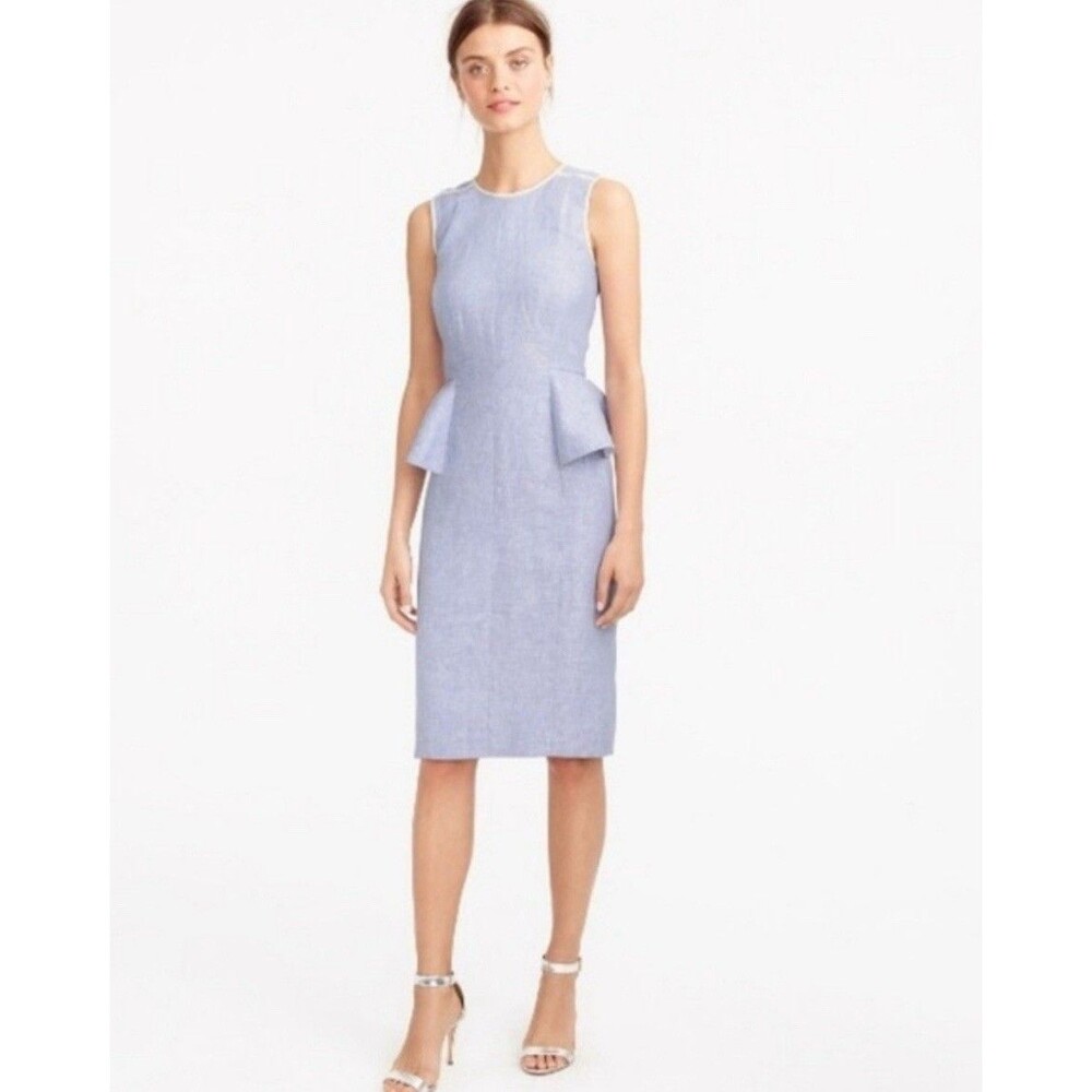 J.Crew Light Blue Linen Peplum White Trim Midi Dress- 8